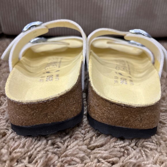 Birki's by Birkenstock Aziza Yellow & White Stripes Double Strap Slides Sandals - Picture 10 of 13